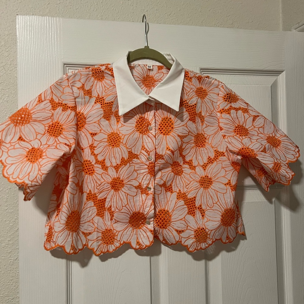 Cropped Mesh Floral Button Up